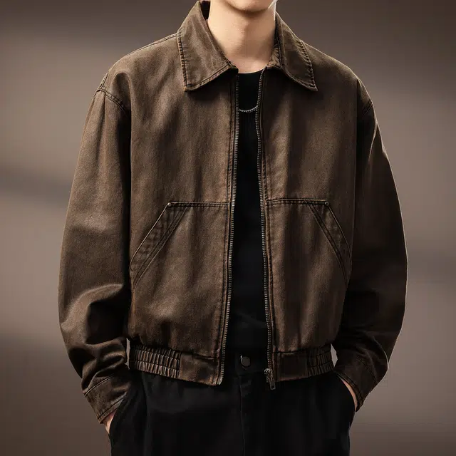 贵色 高端美拉德复古短款硬汉油蜡皮潮牌美式休闲痞帅机车风工装翻领做旧百搭夹克外套 男女同款