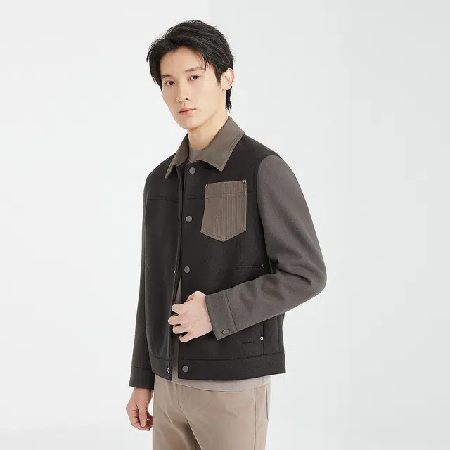 利郎 热燃科技保暖绵羊毛短款撞色翻领冬季大衣 男款