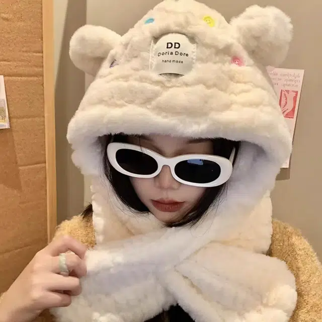 恩僾德 日系可爱小熊耳朵围巾一体显脸小高颜值两件套女冬季保暖百搭 涤纶 斗篷帽 男女同款情侣款