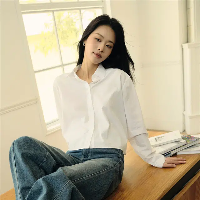 佐丹奴 韩国款纯棉刺绣短款梭织休闲长袖衬衫 女款