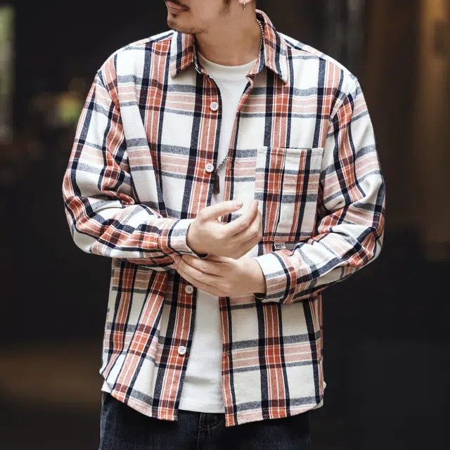 格蓝鹿 春季 男潮流松弛感纯棉工装日常通勤休闲衬衣外套美式复古基础简约长袖徒步登山格子衬衫 宽松型 男女同款