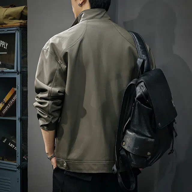 前进牛 阿美咔叽高级感复古潮牌宽松休闲皮衣 男款