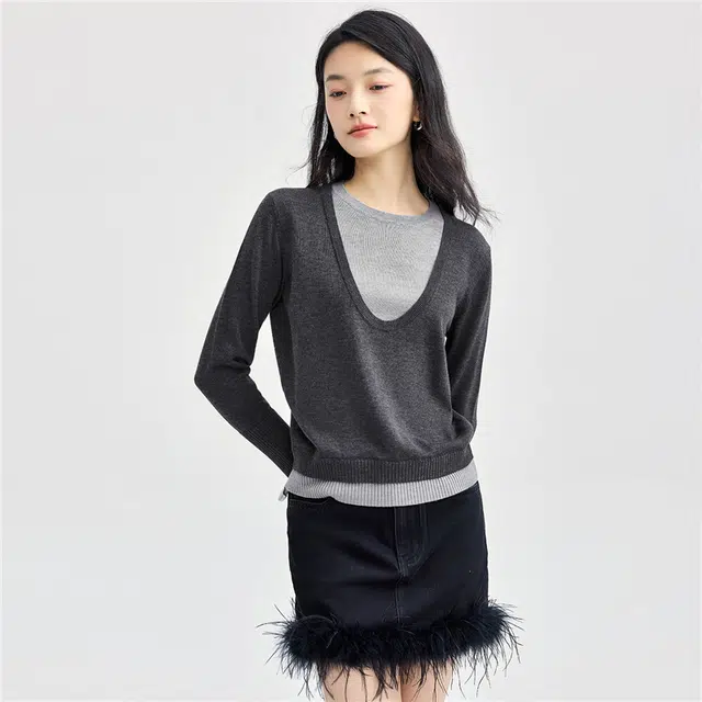 佐丹奴 假两件撞色毛织圆领套头针织衫 女款