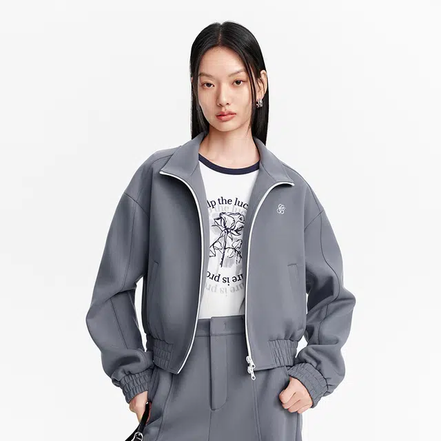 太平鸟 仿麂皮绒立领撞色截短外套 女款 灰色