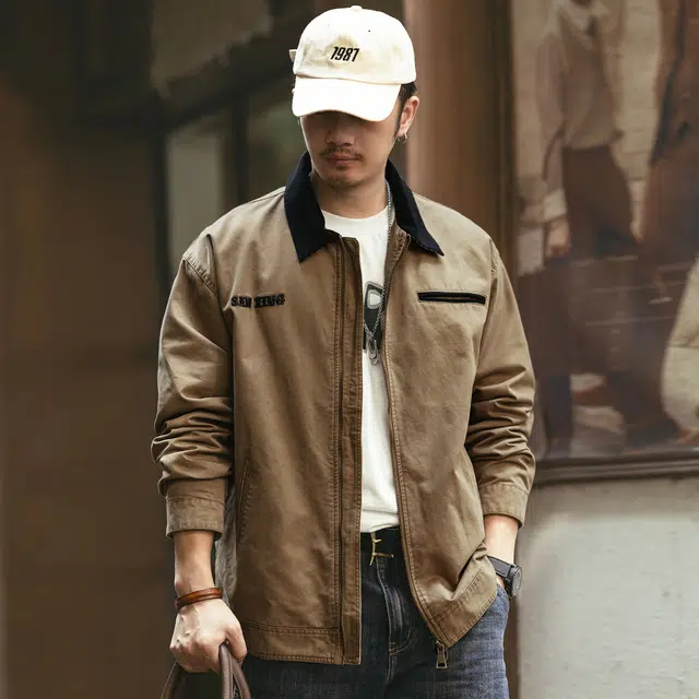 格蓝鹿 春季 休闲复古个性百搭时尚翻领合身适中常规耐磨落肩拉链长袖夹克外套 男女同款 卡其