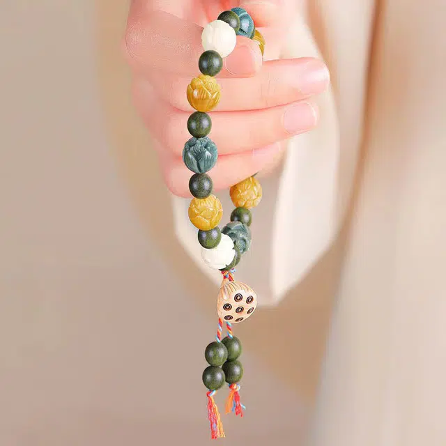 琳琯瑛 财神庙绿檀木雕刻手工有钱花莲花彩色 菩提根 手串 男女同款情侣款