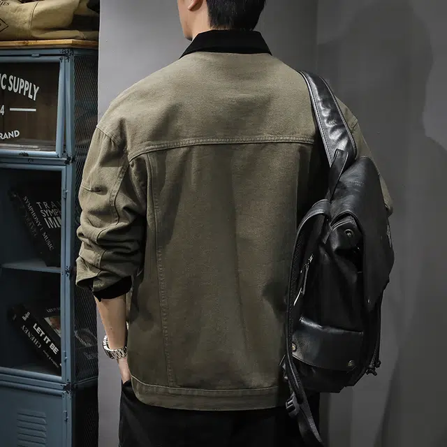 前进牛 秋季美式休闲复古潮牌军事风痞帅撞色翻领外穿衬衣潮流百搭水洗宽松休闲上衣牛仔外套 男款