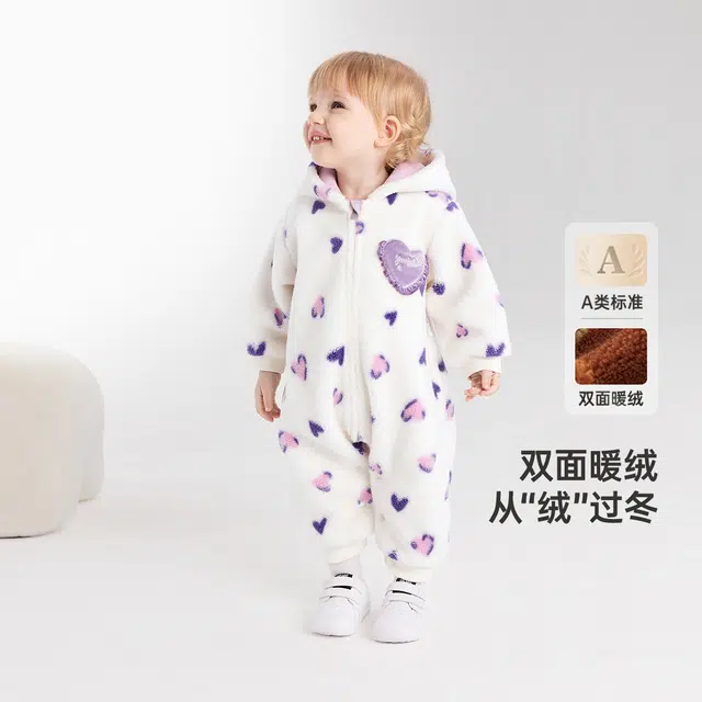 英氏 提花加绒连帽长袖连体衣 婴幼童