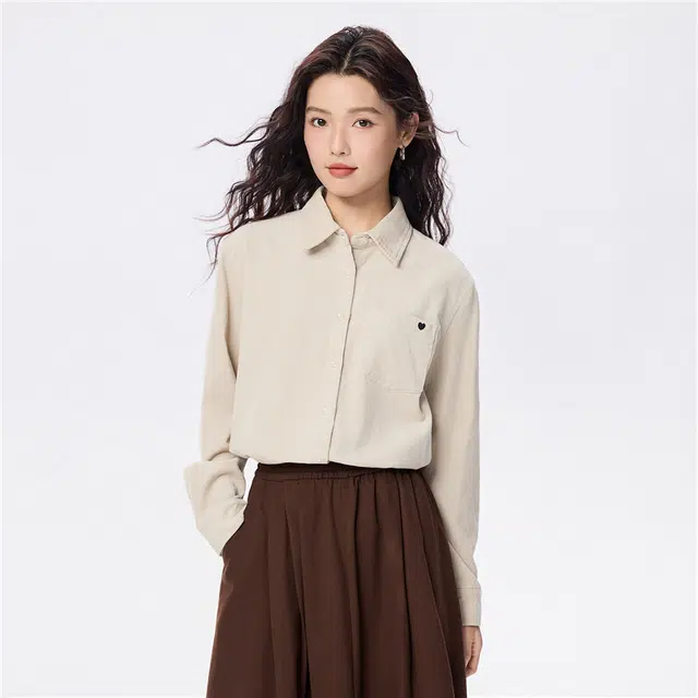 佐丹奴 灯芯绒衬衣复古纯棉刺绣口袋长袖衬衫 女款