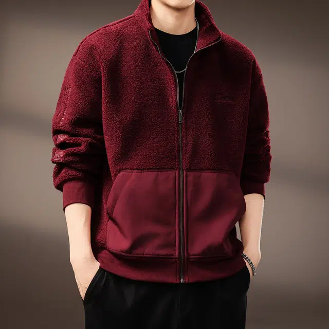贵色 美式潮流羊羔绒棉长袖舒适柔软潮牌复古风穿搭休闲拼接拼色创意设计休闲立领上衣绒感外套 男女同款