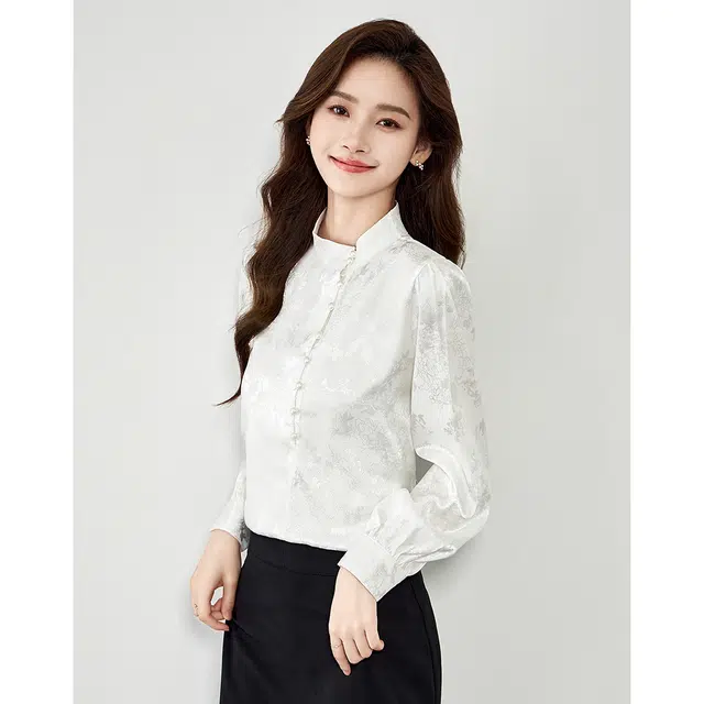 爱依莲 新中式设计感立领时尚洋气长袖衬衫 女款 白色
