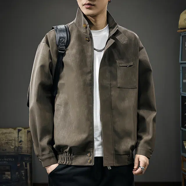 前进牛 美式休闲经典复古潮牌酷飒风立领秋季潮流轻奢酷感宽松休闲高级感防风机车工装外套皮衣 男款