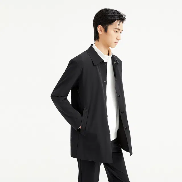 利郎 夹薄棉桑蚕丝商务休闲纯色翻领中长款秋季风衣外套 男款
