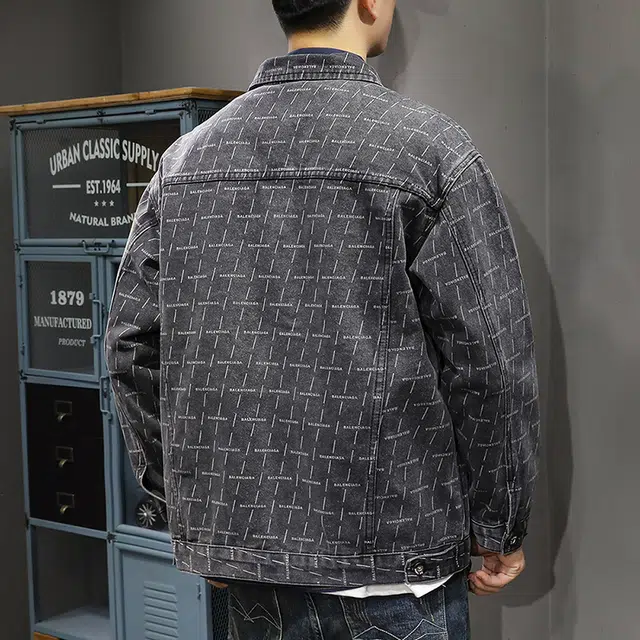 前进牛 秋季美式经典潮牌印花复古上衣宽松大码休闲小众设计感痞帅上衣牛仔外套 男款