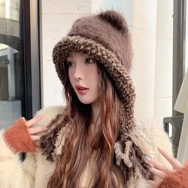 恩僾德 小熊毛绒帽子女冬季学生可爱小众百搭显脸小加厚保暖骑车防寒护耳雷锋帽潮 聚酯纤维 绒线帽 男女同款情侣款