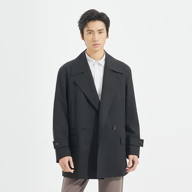 利郎 都市休闲大翻领双排扣中长款含绵羊毛秋季风衣 男款