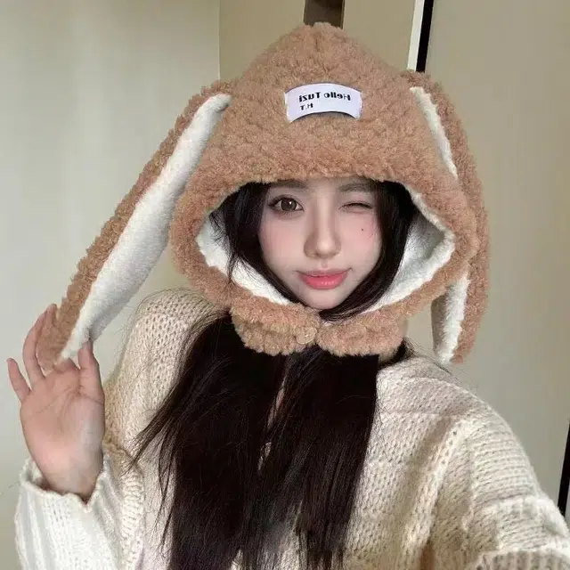 恩僾德 黑眼豆豆清仓可爱卡通毛绒显脸小保暖防寒护耳 聚酯纤维 帽子 男女同款情侣款