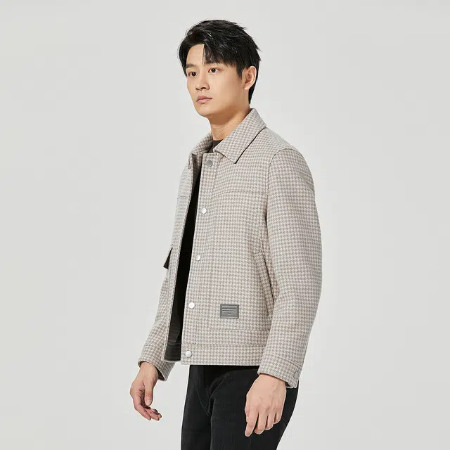 利郎 纯绵羊毛保暖翻领千鸟格质感百搭短款冬季大衣 男款