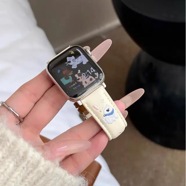 老佳 苹果适用 手表表带 皮质材质 小猫刺绣表带男女通用