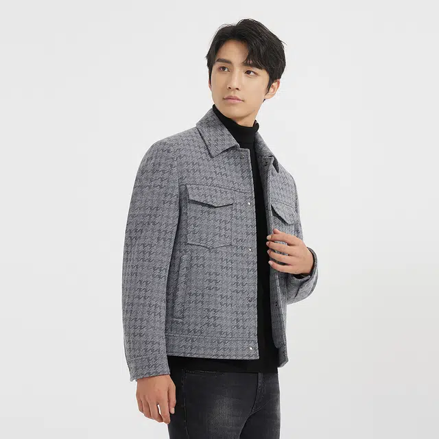 利郎 保暖格子翻领口袋装饰时尚都市毛呢冬季大衣 男款