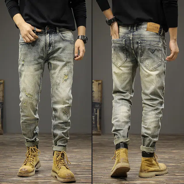 遨宇 美式潮牌潮流经典复古水洗中性风男秋季修身牛仔裤 男款