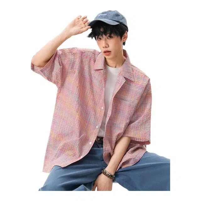 金盾 情侣设计感小众外套泡泡纱美式潮牌格短袖衬衫 男女同款