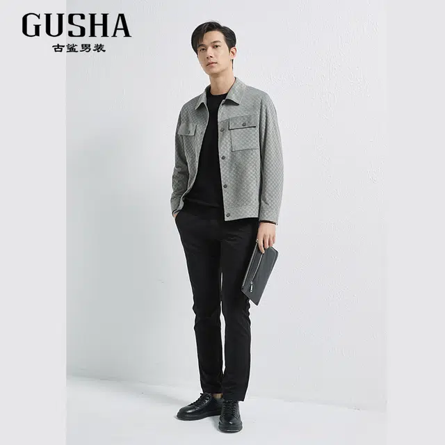 古鲨 格雷灰肌理格子商务时尚柔软翻领夹克外套 男款