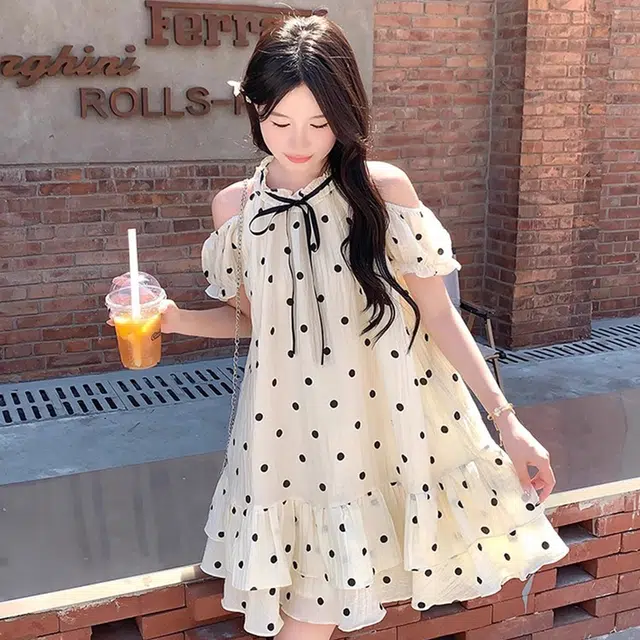 纤丝鸟 法式甜美露肩波点小个子气质蓬蓬短裙娃娃裙短袖连衣裙 女款