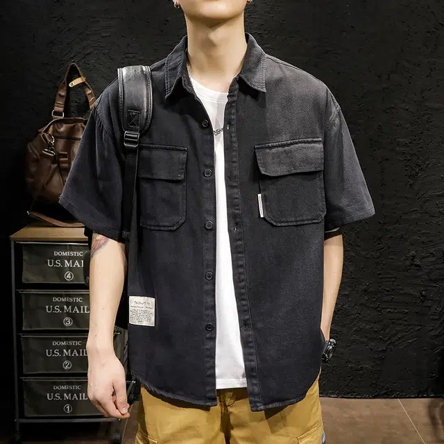 前进牛 夏季美式高级感痞帅休闲军工户外机能复古潮牌工装衬衣宽松炸街短袖衬衫 男女同款