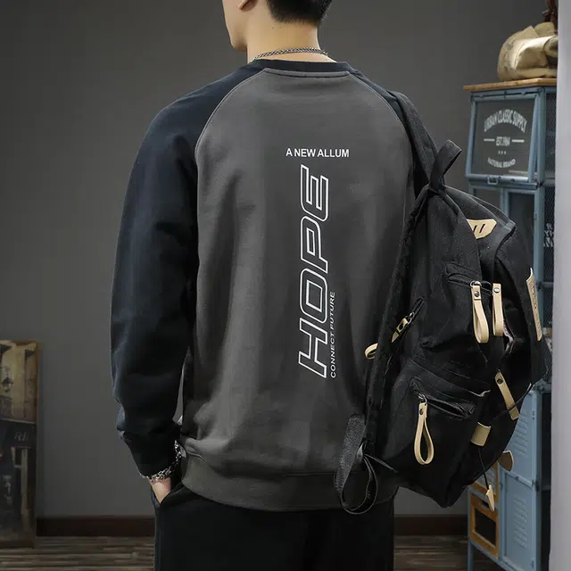 前进牛 秋季美式复古经典重磅极简风撞色插肩袖宽松大码潮流休闲户外百搭印花圆领卫衣 男款