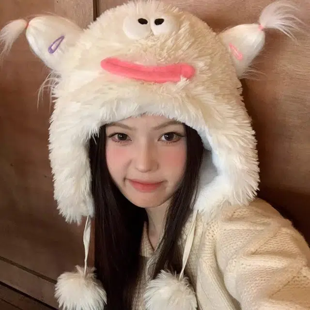 恩僾德 日系可爱大嘴萌丑搞怪保暖护耳显脸小防寒加厚套头潮 聚酯纤维 帽子 男女同款情侣款