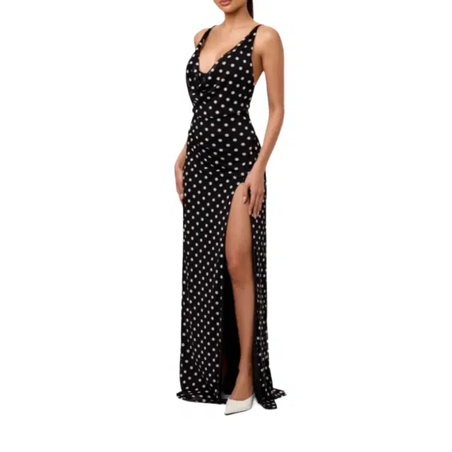 NAKED WARDROBE Dot Cowl Neck Maxi Dress Mesh