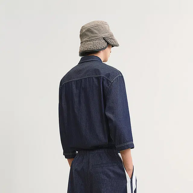 速写 宽松简约牛仔休闲七分袖衬衫 男款