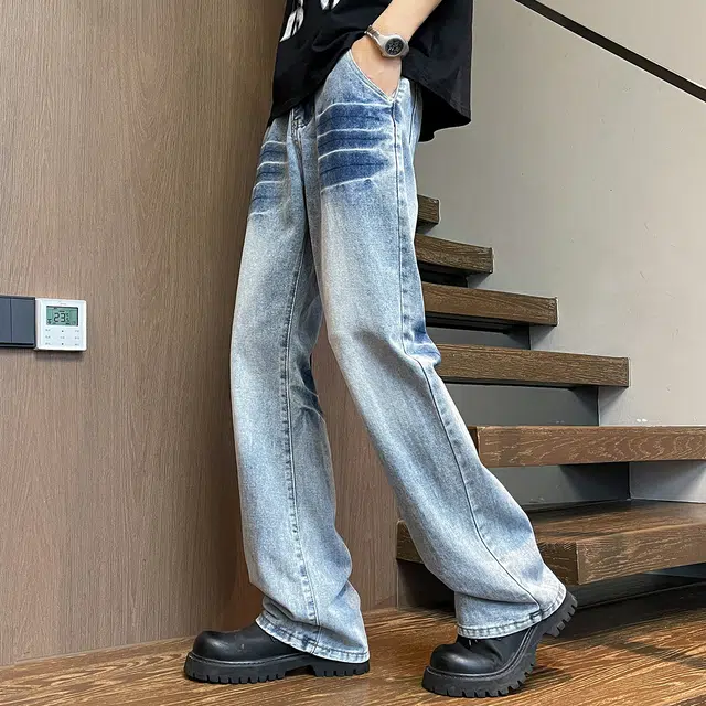 马员外 高街美式百搭水洗复古宽松微喇牛仔裤 男款