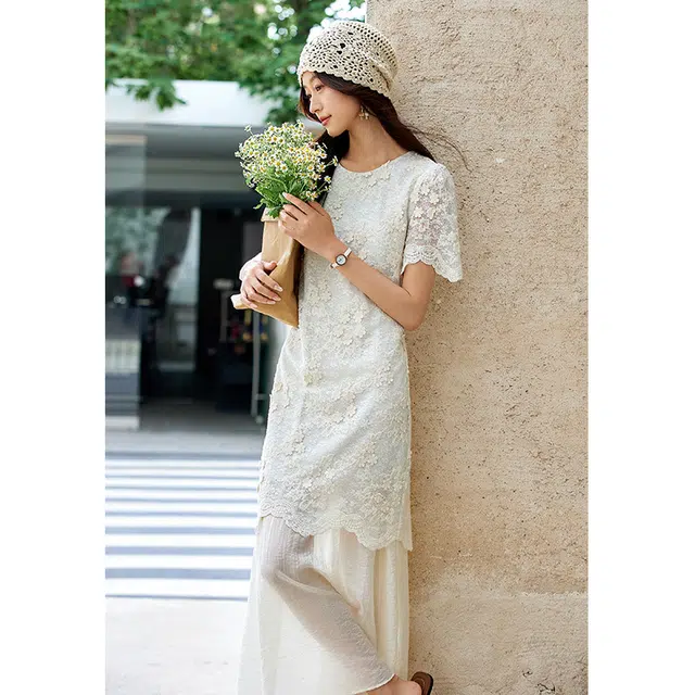 欧昵雪 高级感重工提花蕾丝裙子高级感气质短袖连衣裙 女款
