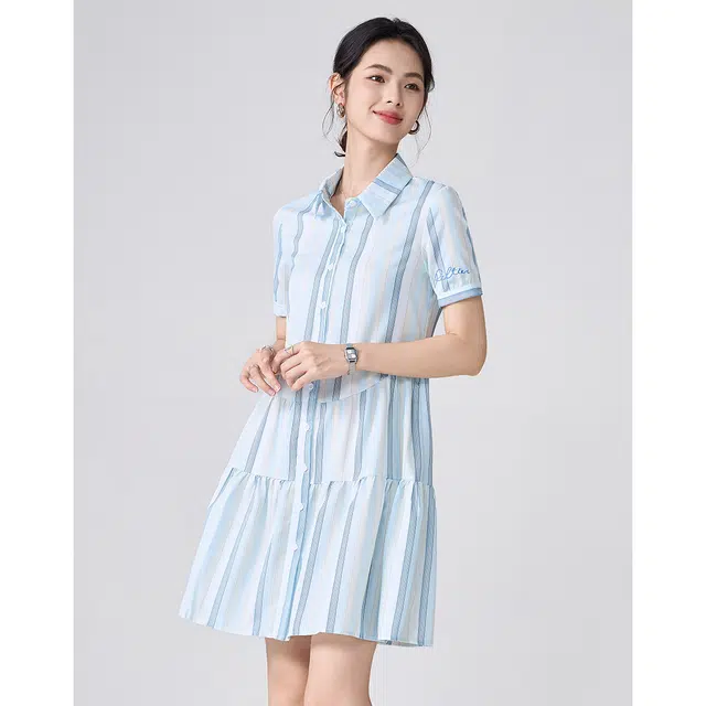 爱依莲 时尚舒适百搭短袖连衣裙 女款 蓝色
