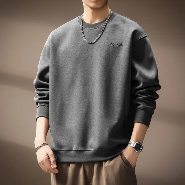 贵色 日系复古潮流百搭重磅圆领长袖潮牌纯色简约风刺绣设计感质感宽松日常出行上衣卫衣 男女同款