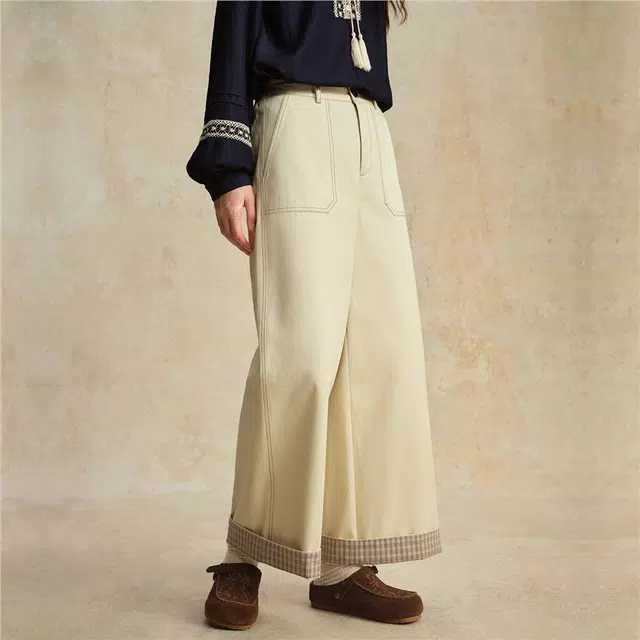 佐丹奴 卢正义明星同款明线拼接格纹半松紧腰梭织阔腿长裤休闲裤 女款