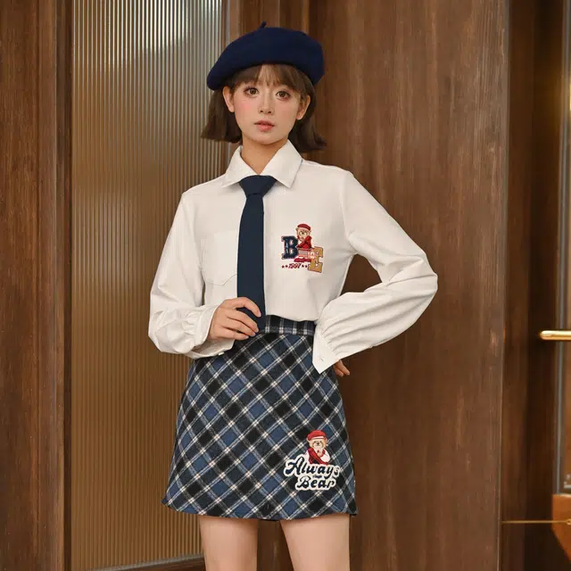 森女部落 卡通动漫学院风长袖衬衫套装 女款 小熊校长