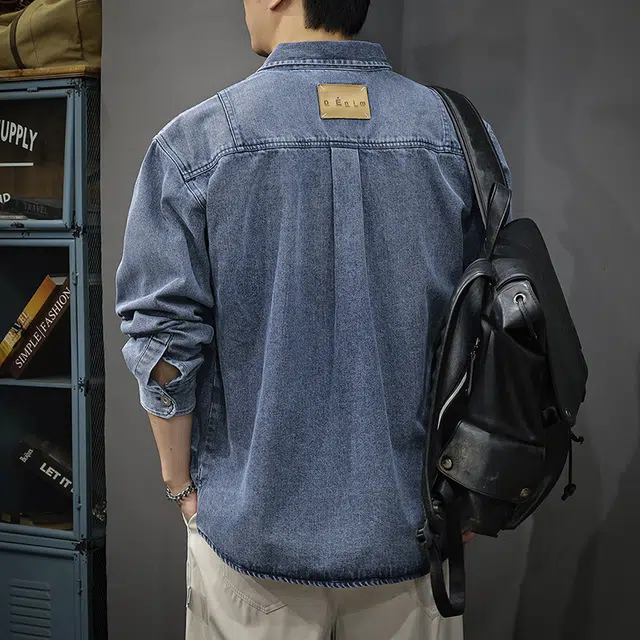 前进牛 秋季日系经典潮牌复古水洗外穿衬衫男潮流老钱风通勤翻领百搭宽松休闲上衣男牛仔外套 男款