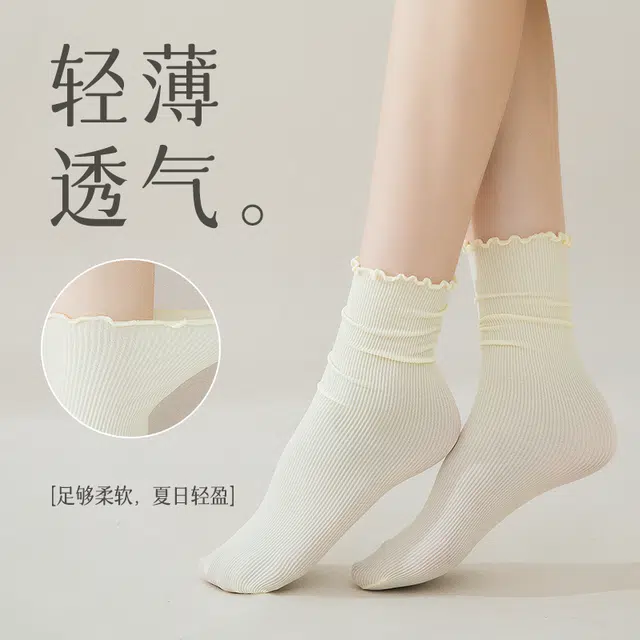 帕兰朵 白色堆堆袜子夏季薄款冰冰袜黑色搭配小皮鞋中筒袜 女款