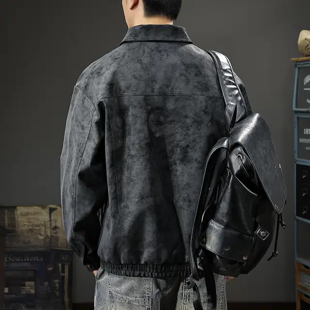 前进牛 阿美咔叽潮牌飞行员美式复古水洗扎染痞帅宽松机车皮衣 男款