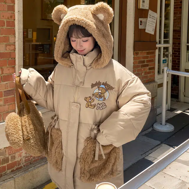 森女部落 原创可爱小熊棉衣保暖中长款可拆帽子棉服 女款 浅卡其色
