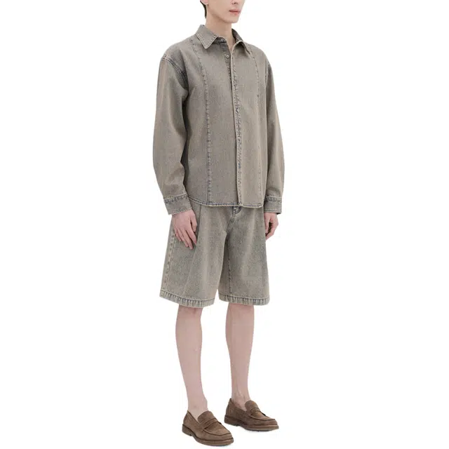 BESLOW DEEP ONE TUCK SAND WASHED DENIM SHORTS
