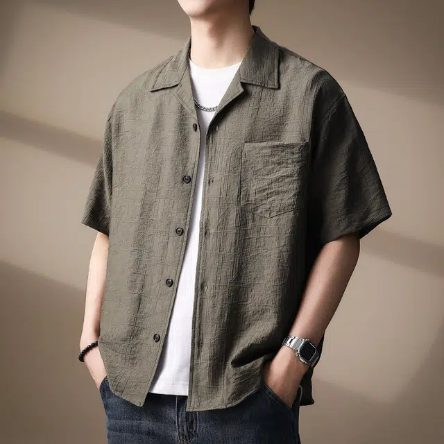 贵色 薄款潮流设计痞帅衬衣时尚百搭上衣美式复古莱赛尔天丝休闲垂感慵懒古巴领短袖衬衫 男女同款