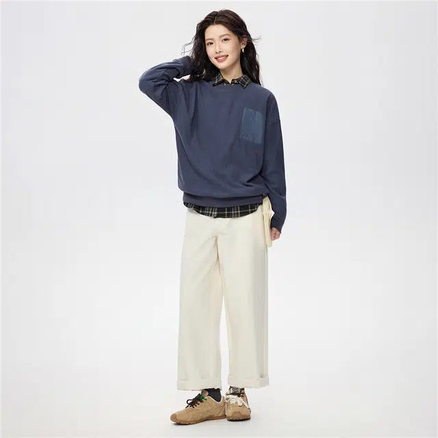 佐丹奴 摇粒绒套头衫拼布假袋圆领抓绒上衣卫衣 女款