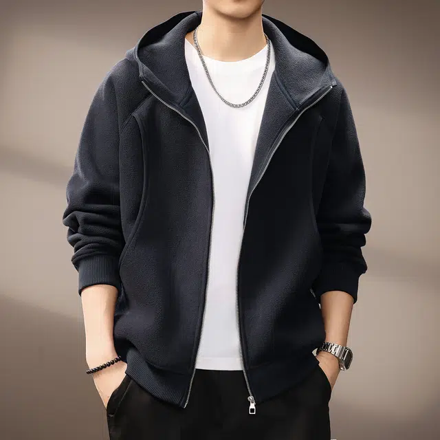 贵色 高端美式复古连帽纯色简约百搭绒感外套 男女同款