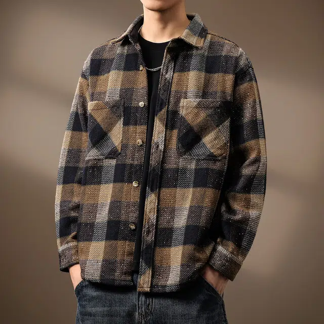 贵色 潮牌工装复古撞色翻领廓形立体剪裁美式时尚痞帅高端重磅色织格子长袖衬衫 男女同款