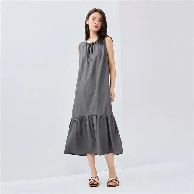 佐丹奴 度假风绑带圆领荷叶边无袖连衣裙 女款