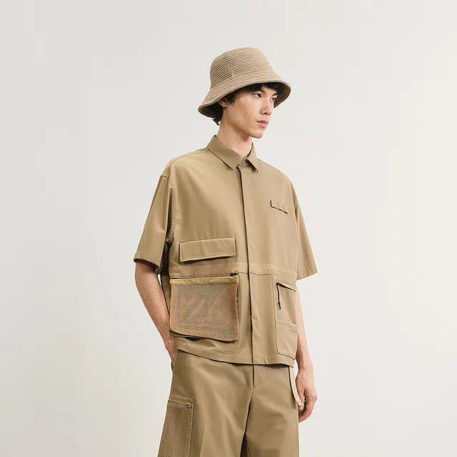 速写 美式复古百搭舒适时尚时髦设计简约户外短袖衬衫 男款